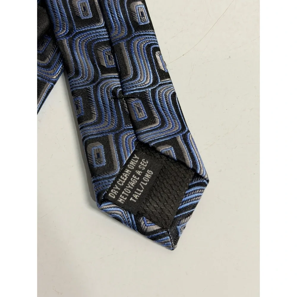 Guy Laroche Studio Necktie Blue Black Geometric Wavy Retro Silk Tall Long Mens